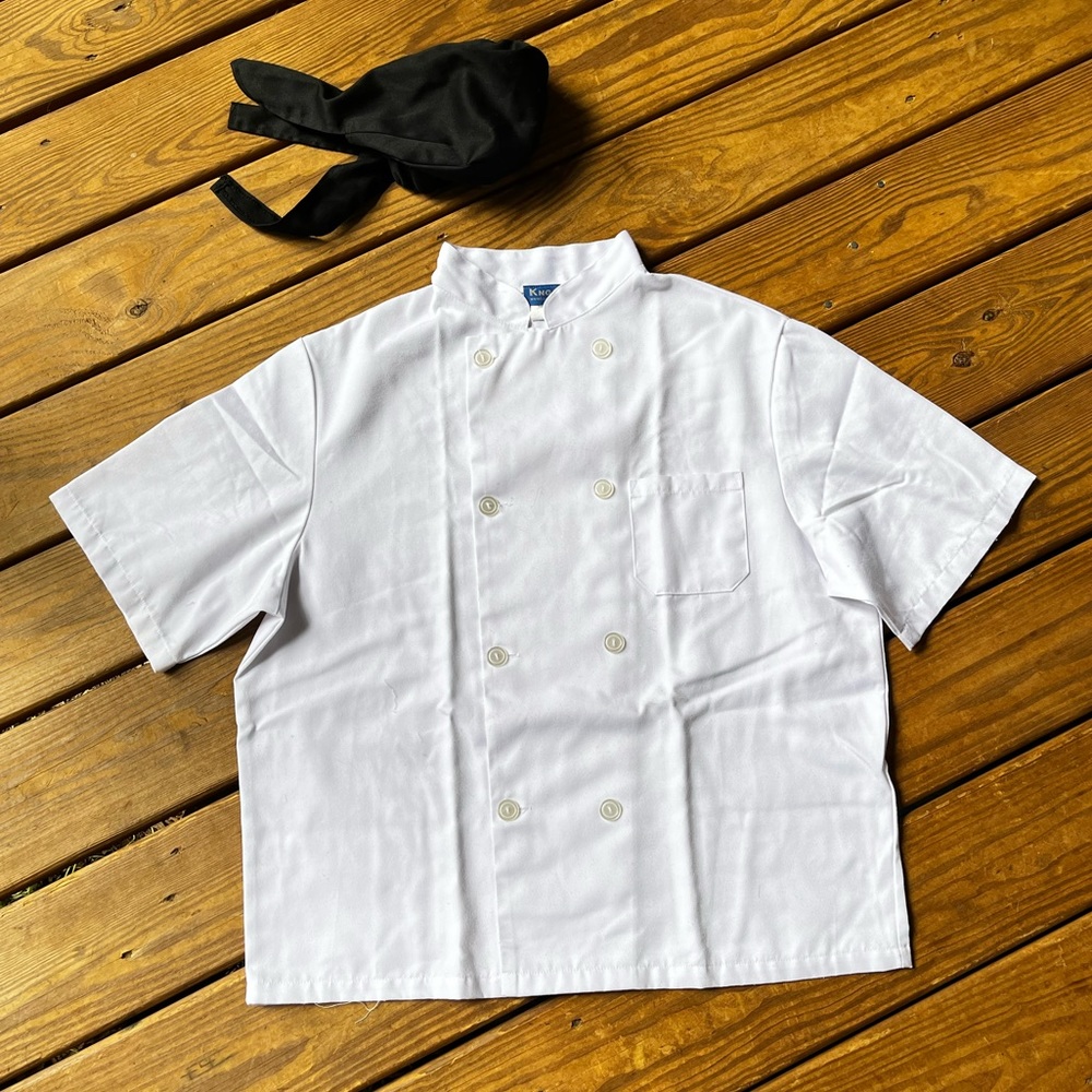 Chef Outfit Costume White Button Shirt Coat Shirt Sleeve & Black Skull Hat Men M